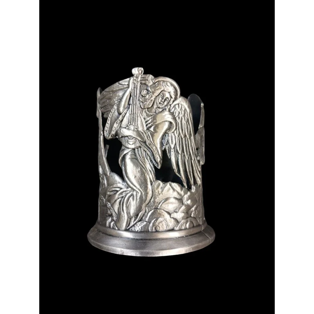 Pewter & Red Glass Votive Candle Holder Angels w/Musical Instruments 3